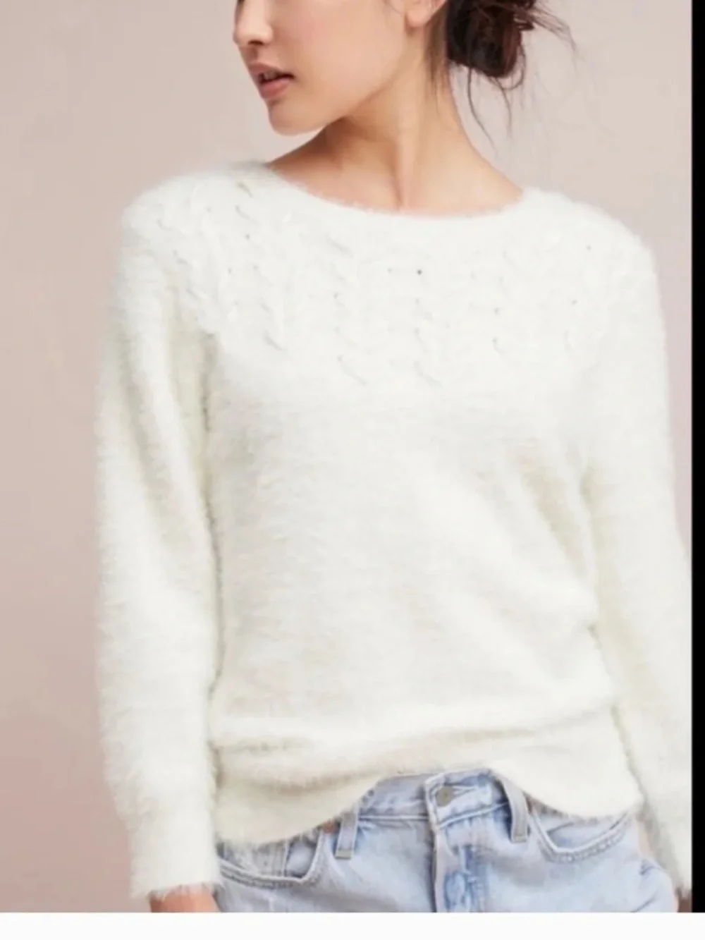 Anthropologie Rosie Neira Cream Fuzzy Cable Knit Sweater – Size Small